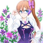  adjusting_eyewear anti_(untea9) aquarion_(series) aquarion_evol blue_eyes bow breasts brown_hair cleavage flower glasses gradient_eyes hair_bow hand_on_hip large_breasts long_hair magatama mix_(aquarion) multicolored multicolored_eyes multicolored_hair purple_hair side_ponytail solo two-tone_hair 