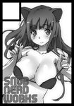  animal_ears bikini black_border blush border breasts circle_cut copyright_request greyscale large_breasts long_hair looking_at_viewer monochrome navel sameda_koban smile solo swimsuit 