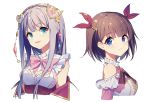  2girls atelier atelier_lulua blue_eyes breasts brown_hair cleavage elmerulia_fryxell eva_armster green_eyes headdress long_hair purple_hair sharlorc short_hair waifu2x 