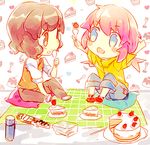  bad_id bad_pixiv_id blue_eyes brown_hair cake food inazuma_eleven_(series) inazuma_eleven_go kirino_ranmaru long_hair lowres multiple_boys namie-kun pink_hair red_eyes shindou_takuto 