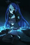  black_eyes blue_hair bow breasts character_request elbow_gloves gloves hair_bow large_breasts long_hair messier_number navel sitting skirt solo sword tears tenshi_no_utsuwa thighhighs weapon wiping_tears 