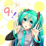  39 bad_id bad_pixiv_id bare_shoulders blush character_name detached_sleeves green_eyes green_hair hands hatsune_miku long_hair mikupa necktie neziiro solo twintails vocaloid 