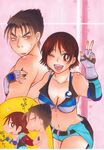  1girl bare_shoulders bikini_top black_hair breasts brown_hair cleavage clothes_around_waist cousins elbow_pads fingerless_gloves gloves kazama_asuka kazama_jin locked_arms medium_breasts navel one_eye_closed open_mouth short_hair short_shorts shorts sweater sweater_around_waist tattoo tekken topless translation_request v 