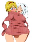  alice_margatroid bad_id bad_pixiv_id blonde_hair blue_eyes blush closed_eyes fuantei hair_bobbles hair_ornament hairband multiple_girls naked_sweater open_mouth ribbed_sweater shared_clothes shared_sweater shinki side_ponytail silver_hair smile sweater touhou 