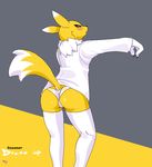  animal_ears blonde_hair blue_eyes blush butt canine claws clothed clothing devo devo87 digimon ears english_text facial_markings female fox hair legwear looking_at_viewer mammal markings ms_paint nose panties plain_background renamon shirt solo stockings text underwear 