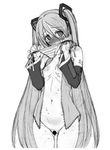  absurdres blush bottomless censored detached_sleeves greyscale hatsune_miku highres long_hair monochrome navel necktie open_clothes open_shirt panties shirt side-tie_panties simple_background sketch solo striped striped_panties sweat taki_minashika twintails underwear very_long_hair vocaloid white_background 
