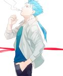 bad_id bad_pixiv_id blue_hair casual cigarette earrings fate/stay_night fate_(series) hand_in_pocket jewelry lancer long_hair male_focus ponytail red_eyes smoking solo sukumaraku 