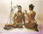  bowl breasts carpet feather female human invalid_tag loincloth mammal native_american nipples not_furry painting patricia_lechat polearm proper_art spear 