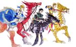  2boys adapted_costume ahoge armor armored_dress artoria_pendragon_(all) bad_id bad_pixiv_id black_hair blonde_hair breadmonster dragon dress earrings fate/zero fate_(series) gauntlets gilgamesh green_eyes hair_ribbon highres jewelry lancer_(fate/zero) multiple_boys red_eyes ribbon riding saber yellow_eyes 