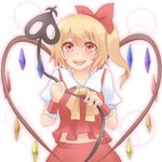  ascot blonde_hair blush bow fangs flandre_scarlet hair_bow heart heart_wings laevatein no_hat no_headwear open_mouth red_eyes sakurea short_hair side_ponytail smile solo touhou wings wrist_cuffs 