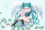  angel_wings aqua_eyes aqua_hair bad_id bad_pixiv_id bare_shoulders bird boots detached_sleeves earrings hatsune_miku irono_(irtyu) jewelry long_hair looking_at_viewer mikupa musical_note navel open_mouth sitting skirt solo twintails very_long_hair vocaloid wings 