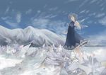  ascot barefoot blue_dress blue_eyes blue_hair cirno dress ice ice_wings mi-so mountain short_hair sky solo touhou wings 