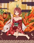  bare_shoulders barefoot breasts brown_hair bunny carrot cleavage collarbone egasumi highres holding japanese_clothes kimono lantern looking_at_viewer obi off_shoulder oversized_object red_eyes sash short_hair sitting sket_dance small_breasts smile solo tomoyami usami_hani yokozuwari 