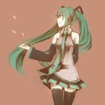  aqua_eyes aqua_hair bad_id bad_pixiv_id bare_shoulders brown_background detached_sleeves hair_ornament hatsune_miku headset lemontea long_hair necktie simple_background skirt smile solo thighhighs twintails vocaloid wind 