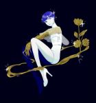  1other androgynous bangs black_background blue_eyes blue_hair blunt_bangs colored_eyelashes crystal_hair flower full_body golden_arms heterochromia high_heels highres houseki_no_kuni looking_at_viewer phosphophyllite phosphophyllite_(ll) see-through_sleeves short_hair solo sparkle spoilers white_eyes white_skin 