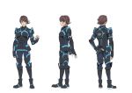 1boy armor ass black_bodysuit black_footwear blue_bodysuit blue_gloves bodysuit brown_eyes brown_hair character_sheet clenched_hand egao_no_daika from_behind from_side full_body gloves grey_footwear gun gun_request hand_on_hip hand_up highres huey_malthus kneepits looking_at_viewer male_focus multiple_views muscle nakamura_naoto official_art open_hand parted_lips pilot_suit profile shiny shiny_hair shoulder_pads simple_background smile standing weapon white_background 