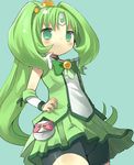  absurdres amaa_(chou_dennou_jidai) bad_id bad_pixiv_id bike_shorts blush bow choker cure_march dress green green_background green_choker green_eyes green_hair green_shorts green_skirt hand_on_hip highres long_hair magical_girl midorikawa_nao ponytail precure shorts shorts_under_skirt skirt smile_precure! solo tiara tri_tails 