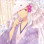  blonde_hair finger_to_mouth flower japanese_clothes kimono male_focus mask natsume_takashi natsume_yuujinchou pocky1202 red_eyes shushing solo 