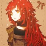  bad_id bad_pixiv_id bow brown_background cookie flaky food happy_tree_friends holding lemontea long_hair looking_back orange_eyes red_hair scarf simple_background solo 