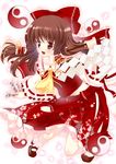  ascot bow brown_eyes brown_hair detached_sleeves hair_bow hair_tubes hakurei_reimu long_hair niwaka_yuan petals solo touhou yin_yang 