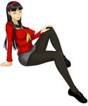  amagi_yukiko atlus erect_nipples legwear long_hair persona persona_4 shadow_(persona) simple_background skirt solo thighhighs tonykurabu yellow_eyes 