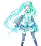  aqua_eyes aqua_hair detached_sleeves hatsune_miku long_hair mirin necktie open_mouth simple_background skirt solo sparkle thighhighs twintails very_long_hair vocaloid white_background 
