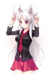  alternate_costume alternate_hair_color animal_ears bad_id bad_pixiv_id breasts bunny_ears dress_shirt ichiro_yoshizumi impossible_clothes large_breasts long_hair necktie purple_eyes red_neckwear reisen_udongein_inaba shirt silver_hair simple_background skirt solo touhou very_long_hair white_hair 