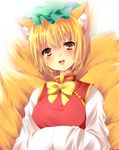  absurdres animal_ears bad_id bad_pixiv_id blonde_hair blush bow breasts chen chen_(cosplay) cosplay dress fang fox_ears fox_tail hands_in_opposite_sleeves hat highres long_sleeves m-1_grand_prix medium_breasts multiple_tails nekonomati open_mouth pink_eyes red_dress short_hair smile solo tail touhou yakumo_ran 