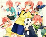  alternate_hairstyle asahikawa_hiyori ball blue_eyes gakuran gym_uniform inazuma_eleven_(series) inazuma_eleven_go kariya_masaki kirino_ranmaru lightning_bolt long_hair male_focus multiple_boys pink_hair ponytail raimon raimon_soccer_uniform scarf school_uniform shindou_takuto soccer_ball soccer_uniform sportswear telstar twintails 