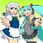  apron aqua_eyes aqua_hair blue_eyes bow detached_sleeves dress gomi_ichigo hatsune_miku headset highres izayoi_sakuya long_hair maid maid_headdress multiple_girls necktie open_mouth silver_hair skirt smile touhou twintails vocaloid 