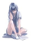  arm_behind_head bare_legs black_hair hand_in_hair highres indian_style legs long_hair original pomodorosa sad school_uniform serafuku shadow simple_background sitting solo test 