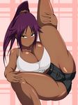  1girl bleach breasts dark_skin flexible large_breasts mugen_kainyuu ponytail pose posing purple_hair revolve shihouin_yoruichi smile 