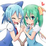  ascot blue_hair bow cirno closed_eyes daiyousei fang green_eyes green_hair hair_bow hair_ribbon heart holding_hands interlocked_fingers kuromu_(underporno) multiple_girls open_mouth ribbon short_hair side_ponytail touhou wings 