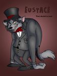  black_hair canine claws clothing english_text eustace_grimm fangs fur gray_fur grey_fur hair hat isabellaprice male mammal solo text vest wolf yellow_eyes 