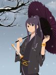  alternate_costume alternate_hairstyle bad_id bad_pixiv_id black_eyes black_hair bracelet grey_background halto haori japanese_clothes jewelry kimono long_hair male_focus obi official_style oriental_umbrella ponytail purple_umbrella sash scabbard sheath sidelocks smile snow snowing solo tales_of_(series) tales_of_vesperia umbrella winter winter_clothes yuri_lowell 