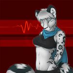  blue_eyes breasts feline female fluffy_tail greay_hair grey_hair hair leopard long_tail looking_at_viewer mammal nix_rayne scarf slim snow_leopard solo spots 