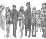  5girls absurdres alvis_hamilton beard bodysuit bomber_jacket book boots braid buckle cape child dian_(last_exile) dio_eraclea facial_hair frown giselle_collette_vingt gloves goggles goggles_on_head greyscale hat highres jacket jumping last_exile last_exile:_gin'yoku_no_fam long_hair miniskirt monochrome multiple_boys multiple_girls pantyhose pencil_skirt sadri sara_(last_exile) short_hair skirt smile sorush tassel tatiana_wisla uniform xiamianliele 