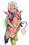  boots bracelet breasts dragon_quest dragon_quest_x horns hyakuen_raitaa jewelry long_hair medium_breasts ogre_(dq10) pointy_ears purple_eyes red_skin simple_background solo tail white_background white_hair 