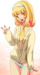  asayui bad_id bad_pixiv_id blonde_hair blush cardigan eyelashes hairband kise_yayoi necktie no_pants open_clothes open_mouth open_vest panties panty_pull precure pussy pussy_juice smile_precure! solo underwear v vest white_background white_hairband yellow_eyes 