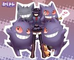  black_legwear boots gen_1_pokemon gen_5_pokemon gengar genko_(natsuki_tomo) grin hair_over_eyes hat kiseru mini_hat mini_top_hat monocle natsuki_tomo odd_one_out one_eye_closed pipe pixiv_trainer pokemon pokemon_(creature) pokemon_trainer purple_hair red_sclera scared short_hair skirt smile smoking tepig thighhighs top_hat 