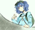  backpack bad_id bad_pixiv_id bag blue_eyes blue_hair hair_bobbles hair_ornament hat jewelry kawashiro_nitori key ring short_hair sketch smile sofy solo touhou two_side_up upper_body 