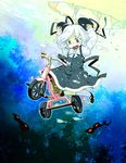  bow bowtie bubble dress fish ground_vehicle laughing_warawa messier_number open_mouth silver_eyes socks solo tears towelket_wo_mou_ichido tricycle underwater warawaw_nyamunyamu white_hair 