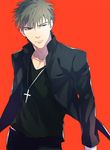  adapted_costume bad_id bad_pixiv_id black_jacket brown_eyes brown_hair casual cross cross_necklace fate/zero fate_(series) habit jacket jewelry kotomine_kirei male_focus necklace open_clothes simple_background solo sukumaraku 