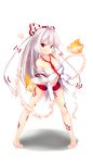  1girl bad_feet bangs bare_legs bare_shoulders barefoot between_breasts bow breasts collarbone commentary_request eila_yagyu eyebrows_visible_through_hair fire fujiwara_no_mokou full_body grin hair_bow highres legs_apart long_hair long_sleeves looking_at_viewer medium_breasts midriff navel necktie necktie_between_breasts off_shoulder ofuda red_eyes red_neckwear red_shorts shadow shirt short_shorts shorts silver_hair simple_background smile solo standing stomach suspenders thighs touhou very_long_hair white_background white_bow white_shirt 
