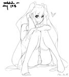  bare_shoulders detached_sleeves eu03 greyscale hatsune_miku headset knees_together_feet_apart long_hair mikupa monochrome panties pantyshot pantyshot_(sitting) sitting sketch solo striped striped_panties thighhighs twintails underwear vocaloid 