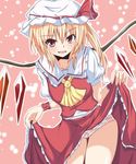  ascot blonde_hair fang flandre_scarlet leaning_forward looking_at_viewer naba_(take_tonbo) panties red_eyes short_hair side_ponytail skirt skirt_lift skirt_set slit_pupils solo touhou underwear vest wings 