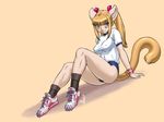  blonde_hair blue_eyes breasts cat claws clothing dr_comet feline female hair looking_at_viewer mammal plain_background shoes shorts sitting sneakers socks solo 