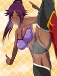  bleach breasts dark_skin large_breasts mugen_kainyuu naughty_face ponytail purple_hair revolve shihouin_yoruichi sweat 