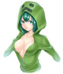  aqua_eyes aqua_hair breasts cleavage collarbone creeparka creeper highres hood large_breasts looking_at_viewer minecraft no_bra shirousagi_uyu short_hair simple_background solo upper_body white_background zipper 