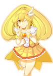  bad_id bad_pixiv_id blonde_hair bow choker cure_peace hair_flaps hair_ornament kise_yayoi magical_girl masa_(geminiblog) one_eye_closed ponytail precure skirt smile_precure! solo v white_background wide_ponytail yellow yellow_bow yellow_choker yellow_eyes yellow_skirt 